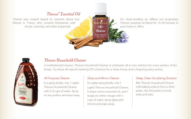 Thieves Essential Oil Thieves was created based on research about four thieves in France who covered themselves with cloves, rosemary, and other botanicals.  For clean-smelling air, diffuse our proprietary Thieves essential oil blend for 1530 minutes in your home or office.      Thieves Household Cleaner A multitalented cleaner, Thieves Household Cleaner is a fantastic all-in-one solution for every surface of the house. Try these all-natural cleaning DIY solutions for a clean house and a lingering spicy aroma.    All-Purpose Cleaner In a spray bottle, mix 1 capful Thieves Household Cleaner with 23 cups of water. Spray on any surface and wipe away.    Glass and Mirror Cleaner In a glass spray bottle, mix 1 capful Thieves Household Cleaner, 5 drops Lemon essential oil, and 1 teaspoon white vinegar with 3 cups of water. Spray glass and mirrors and wipe away.    Deep Clean Scrubbing Solution Mix Thieves Household Cleaner with baking soda to form a thick paste. Use this paste to scrub sinks and tubs.
